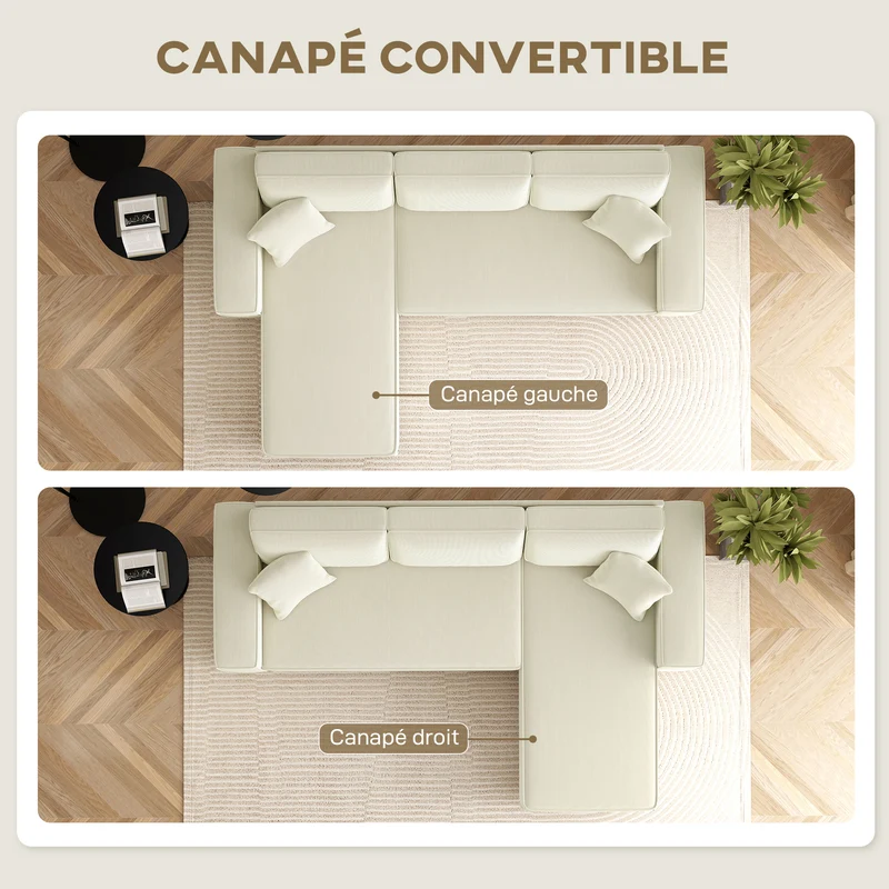 Canapé d'angle réversible 3 places 241 x 153 x 83 cm assise large confort moelleux contemporain en velours côtelé crème 21_0003496
