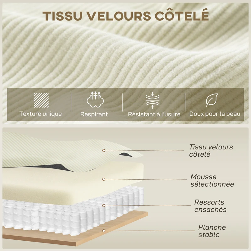 Canapé d'angle réversible 3 places 241 x 153 x 83 cm assise large confort moelleux contemporain en velours côtelé crème 21_0003496