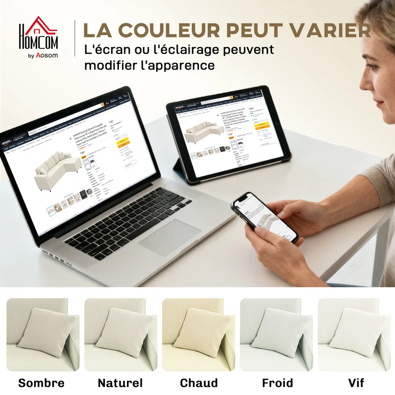 Canapé d'angle réversible 3 places 241 x 153 x 83 cm assise large confort moelleux contemporain en velours côtelé crème 21_0003496