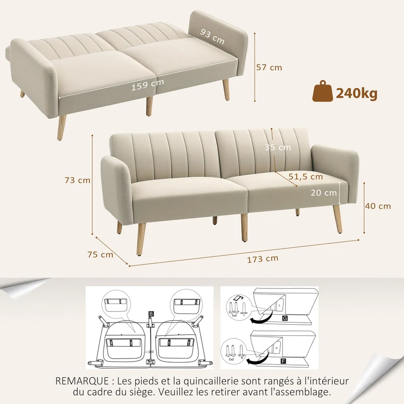 Canapé 2 places convertible en lit 173 x 75 x 73 cm dossier 3 positions assise mousse 25D scandinave en polyester beige 21_0003044