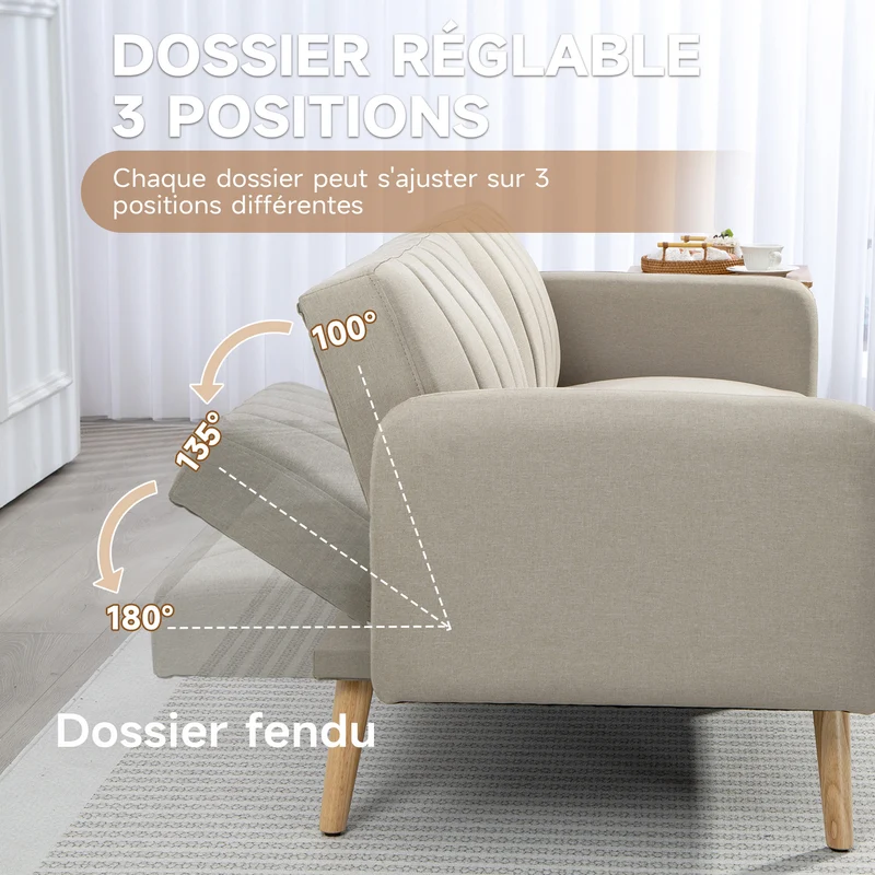 Canapé 2 places convertible en lit 173 x 75 x 73 cm dossier 3 positions assise mousse 25D scandinave en polyester beige 21_0003044