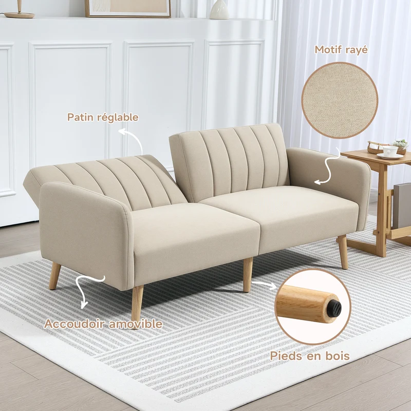 Canapé 2 places convertible en lit 173 x 75 x 73 cm dossier 3 positions assise mousse 25D scandinave en polyester beige 21_0003044
