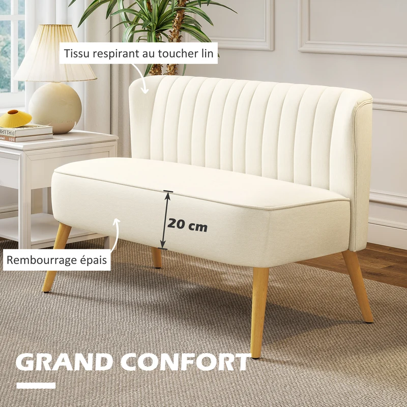 Canapé 2 places compact 117 x 57 x 77 cm assise rembourrée profonde gain de place moderne scandinave en polyester crème 21_0001737