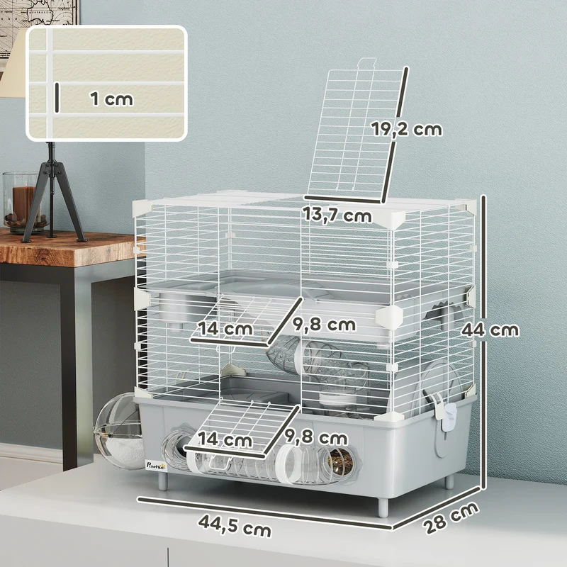 Cage pour hamsters nains bi niveau 44.5 x 28 x 44 cm bain de sable roue silencieuse contemporain salon en acier gris 21_0008007