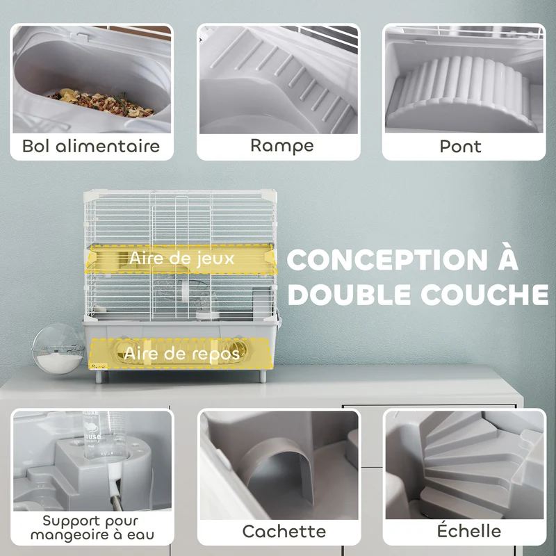 Cage pour hamsters nains bi niveau 44.5 x 28 x 44 cm bain de sable roue silencieuse contemporain salon en acier gris 21_0008007