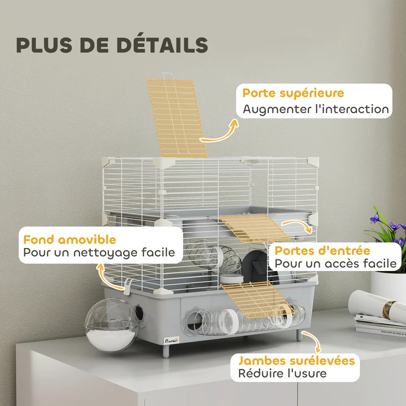 Cage pour hamsters nains bi niveau 44.5 x 28 x 44 cm bain de sable roue silencieuse contemporain salon en acier gris 21_0008007