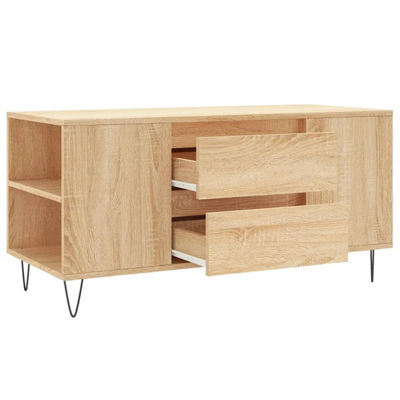 Table basse avec tiroirs et étagères design rustique moderne 102 x 44,5 x 50 cm bois d'ingénierie couleur chêne et métal DEC038891