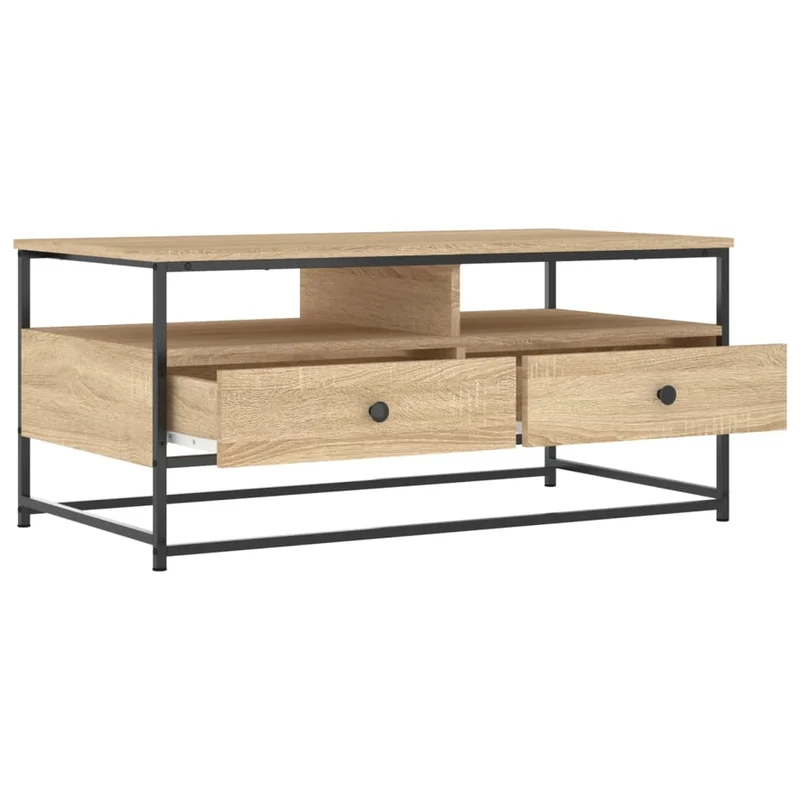Table basse avc tiroirs et étagère design rustique moderne 100 x 51 x 45 cm bois d'ingénierie couleur chêne et métal DEC038879