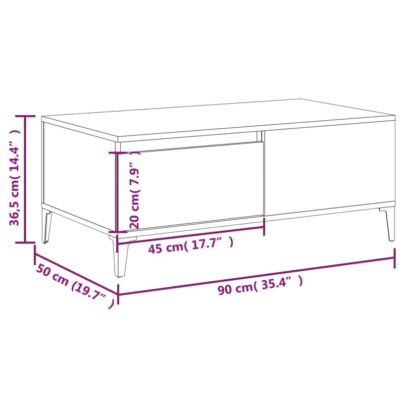 Table basse avec tiroir design moderne et contemporaine 90 x 50 x 36,5 cm bois d'ingénierie blanc et métal DEC037995