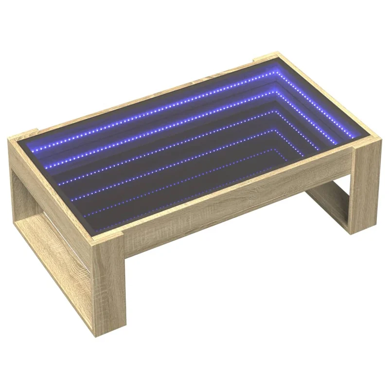 Table basse de salon design moderne avec LED 90 x 53 x 30 cm bois d'ingénierie couleur chêne et verre DEC037493