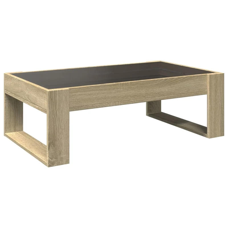 Table basse de salon design moderne avec LED 90 x 53 x 30 cm bois d'ingénierie couleur chêne et verre DEC037493