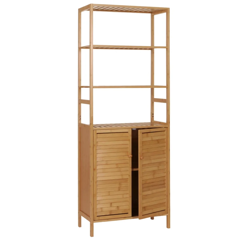 Armoire haute meuble de salle de bain étagère avec 2 portes 4 étagères bambou MDF 168x64x33 cm 04_0005757