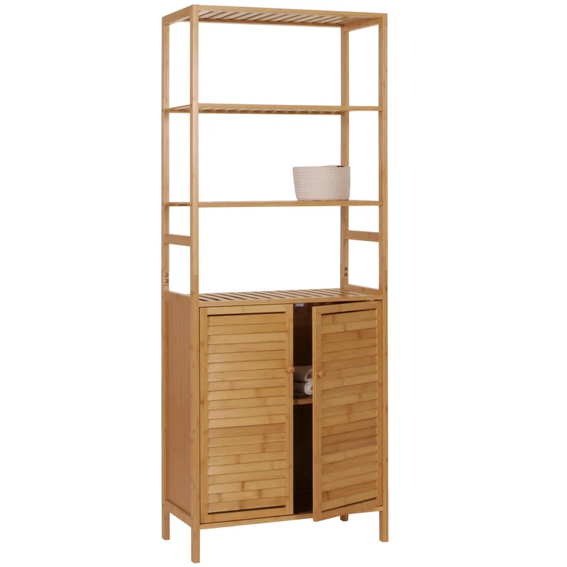 Armoire haute meuble de salle de bain étagère avec 2 portes 4 étagères bambou MDF 168x64x33 cm 04_0005757