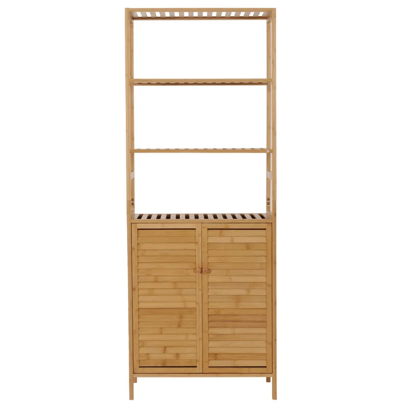 Armoire haute meuble de salle de bain étagère avec 2 portes 4 étagères bambou MDF 168x64x33 cm 04_0005757