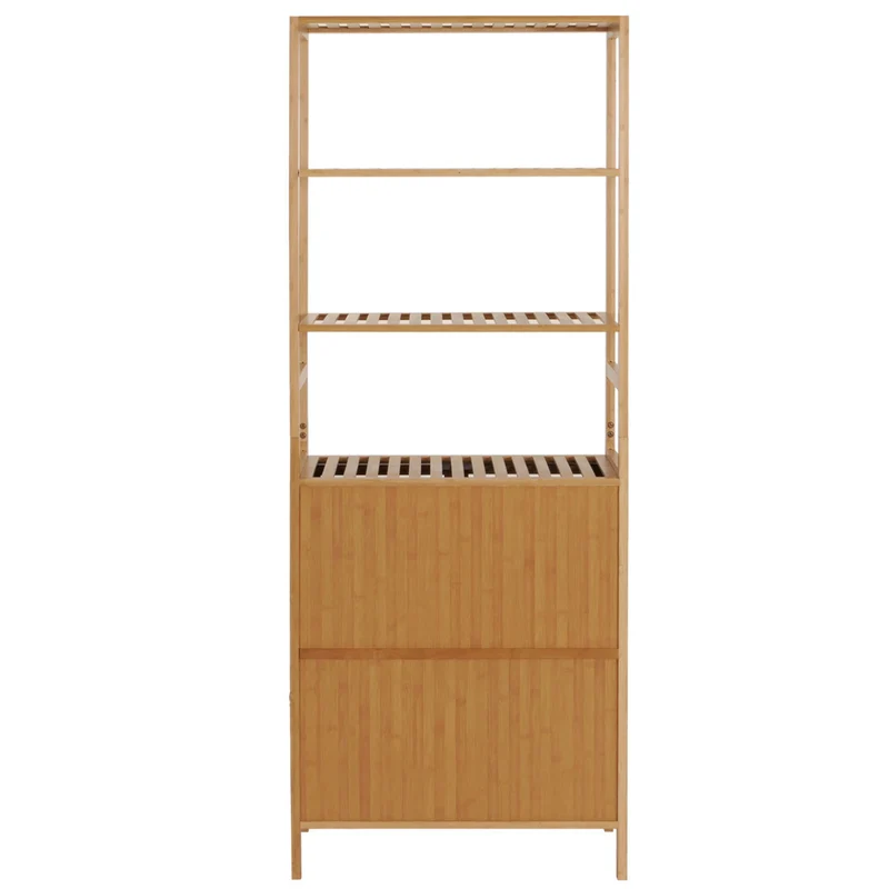 Armoire haute meuble de salle de bain étagère avec 2 portes 4 étagères bambou MDF 168x64x33 cm 04_0005757