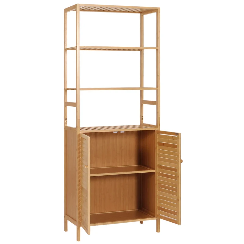 Armoire haute meuble de salle de bain étagère avec 2 portes 4 étagères bambou MDF 168x64x33 cm 04_0005757