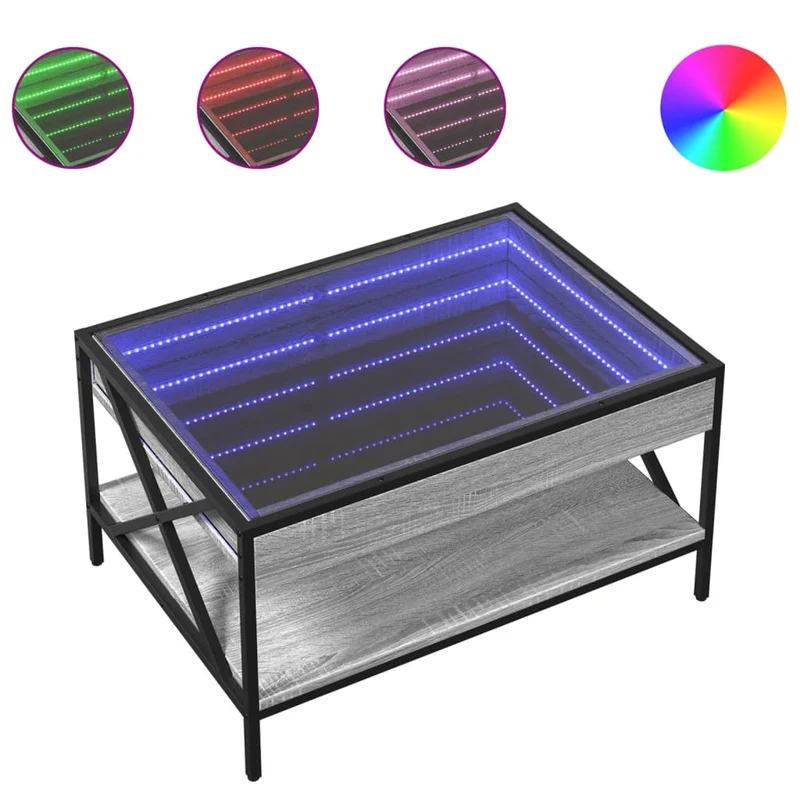 Table basse de salon avec étagère design industriel avec LED 70 x 50 x 38 cm bois d'ingénierie gris verre et métal DEC037533