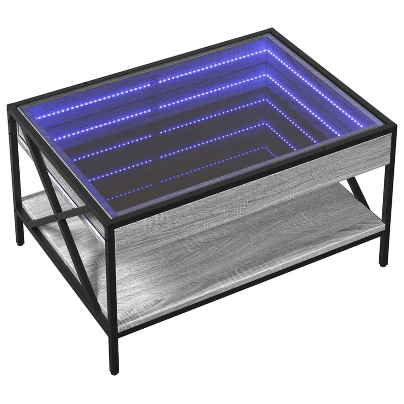 Table basse de salon avec étagère design industriel avec LED 70 x 50 x 38 cm bois d'ingénierie gris verre et métal DEC037533