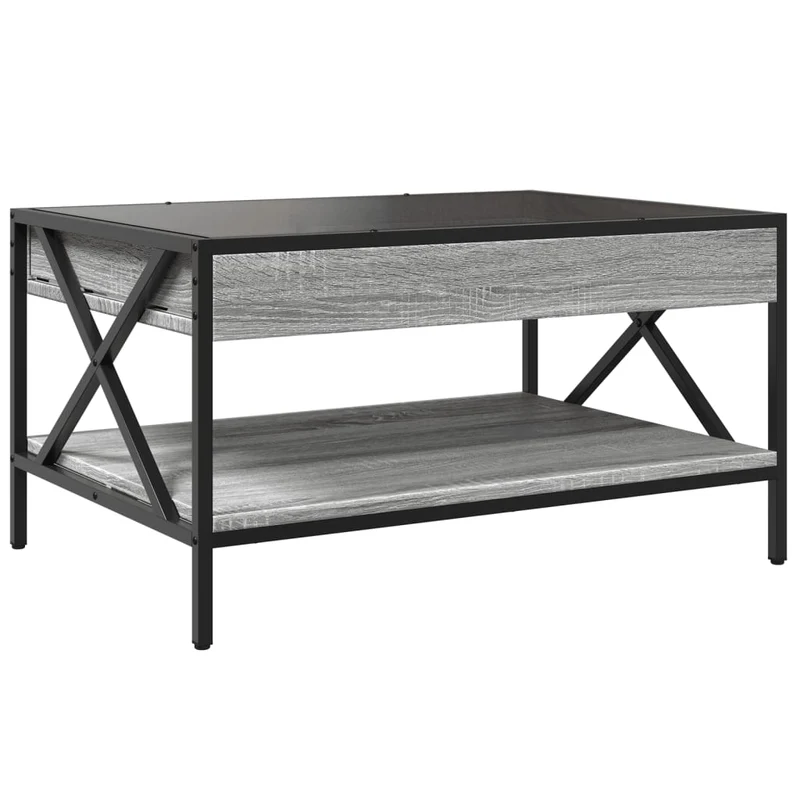 Table basse de salon avec étagère design industriel avec LED 70 x 50 x 38 cm bois d'ingénierie gris verre et métal DEC037533