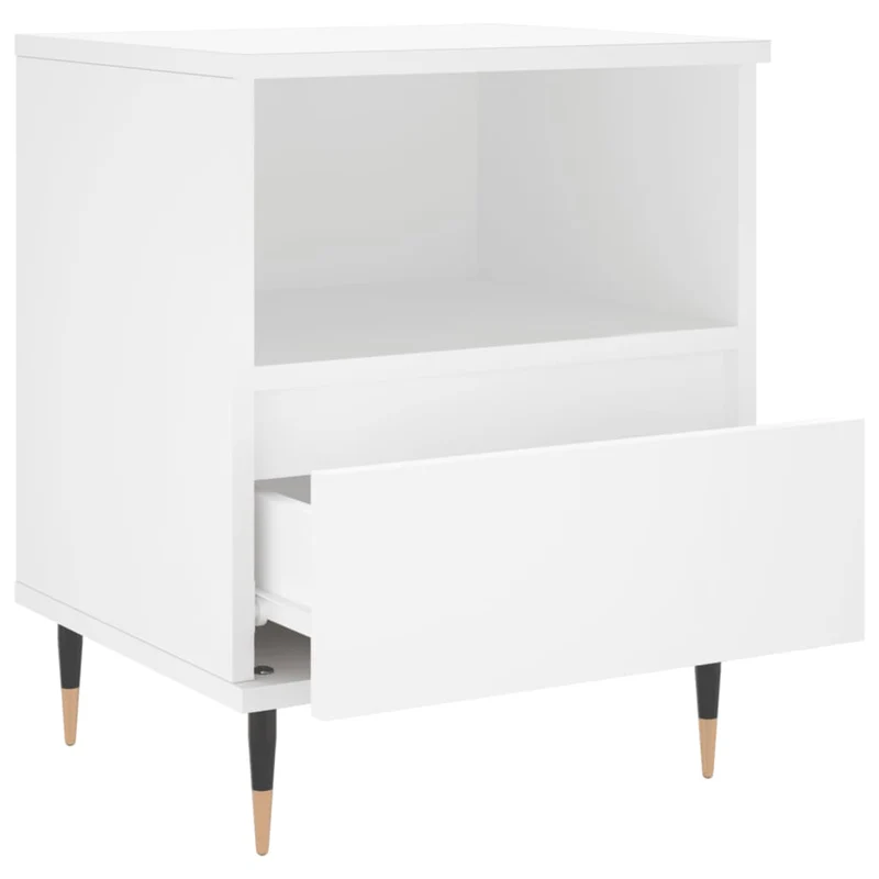 Table de chevet avec tiroir et compartiment ouvert 40 x 35 x 50 cm bois d’ingénierie blanc et métal DEC033371