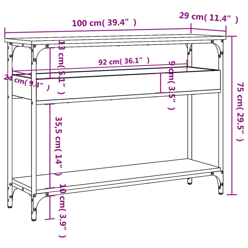 Table console avec étagère style industriel 100 x 29 x 75 cm bois d'ingénierie couleur chêne et métal DEC031646