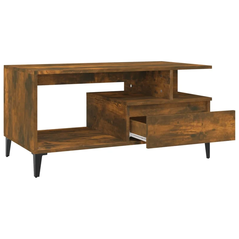 Table basse avec tiroir et étagère design rustique 90 x 49 x 45 cm bois d'ingénierie marron et métal DEC038513