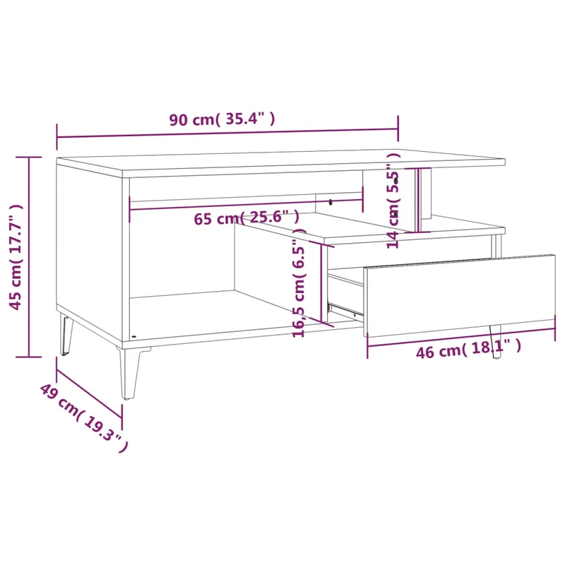 Table basse avec tiroir et étagère design rustique 90 x 49 x 45 cm bois d'ingénierie marron et métal DEC038513