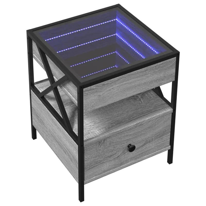 Table basse de salon avec tiroir design moderne avec LED 40 x 40 x 51 cm bois d'ingénierie gris verre et métal DEC037569