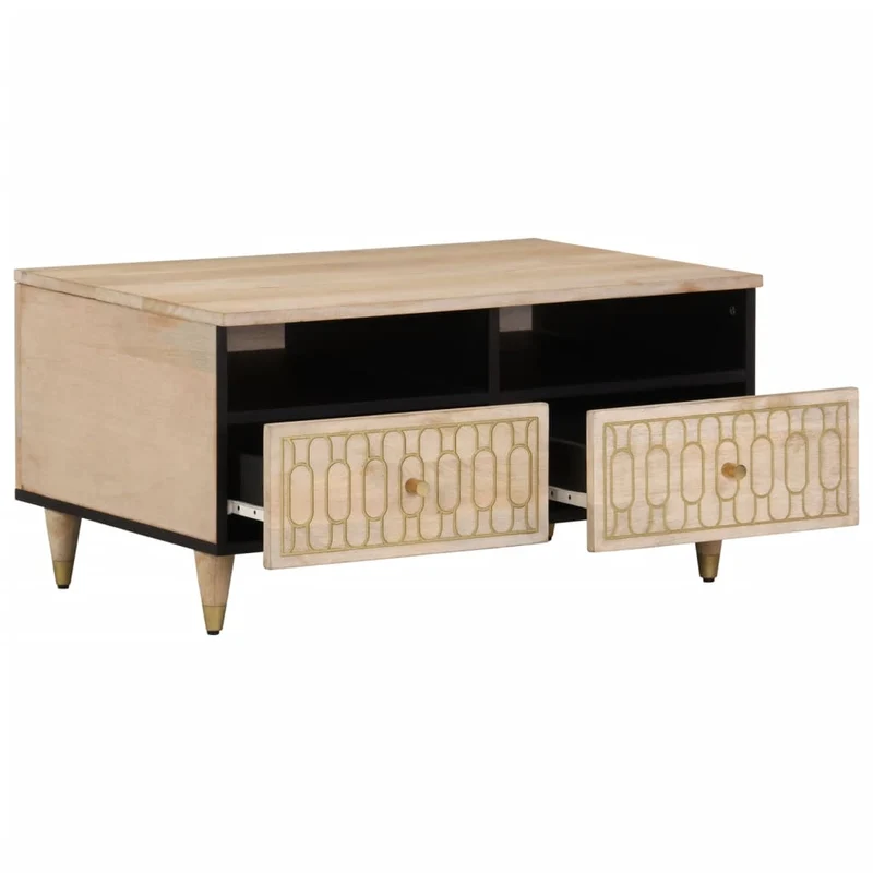 Table basse de salon design moderne avec motifs sculptés 80 x 54 x 40 cm bois de manguier massif DEC037175