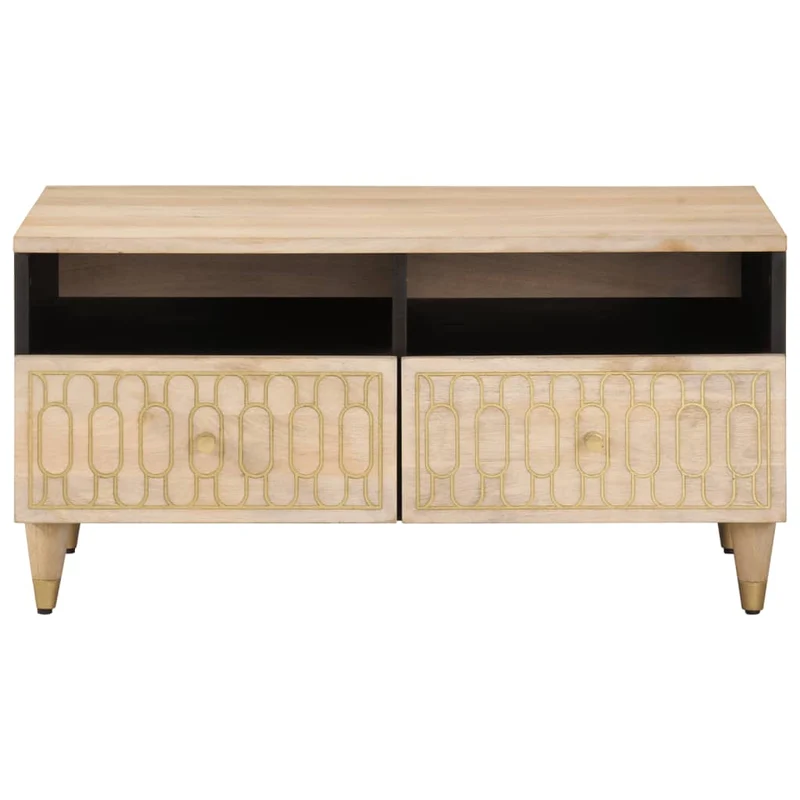 Table basse de salon design moderne avec motifs sculptés 80 x 54 x 40 cm bois de manguier massif DEC037175