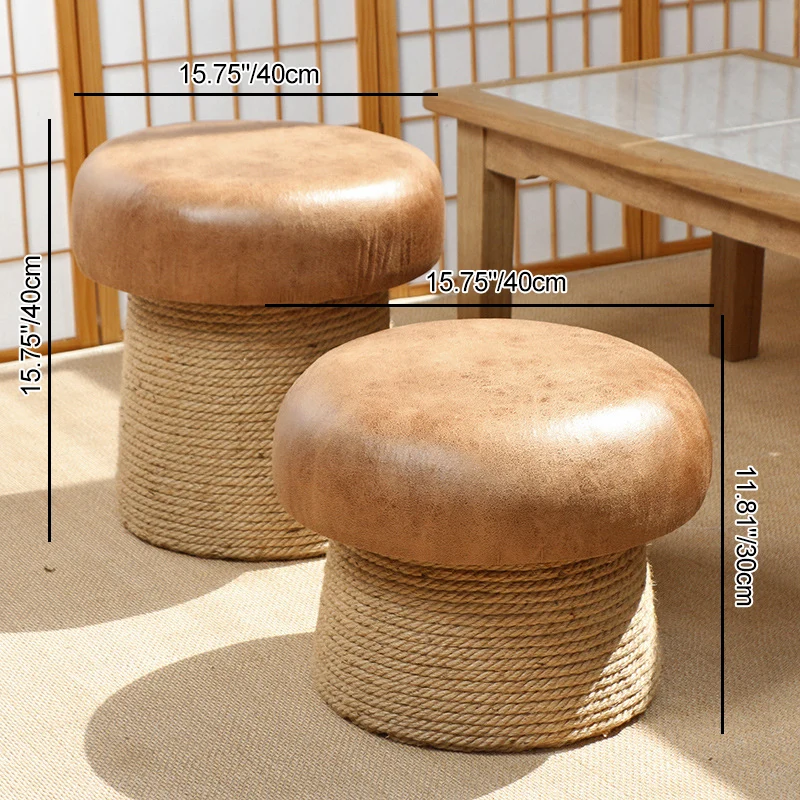 Traditional Japanese Mushroom Poplar Wood Synthetic Fabric Hemp Rope Footstool Backless Armless For Living Room