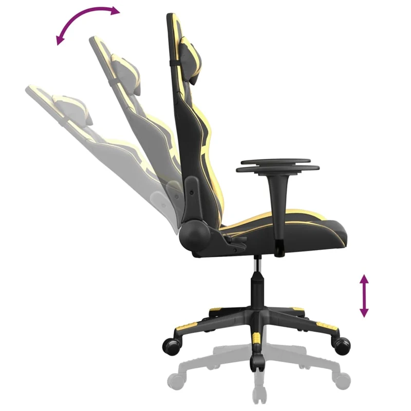 Fauteuil de bureau chaise gaming sur roulettes avec coussin lombaire en PVC noir et doré DEC025905