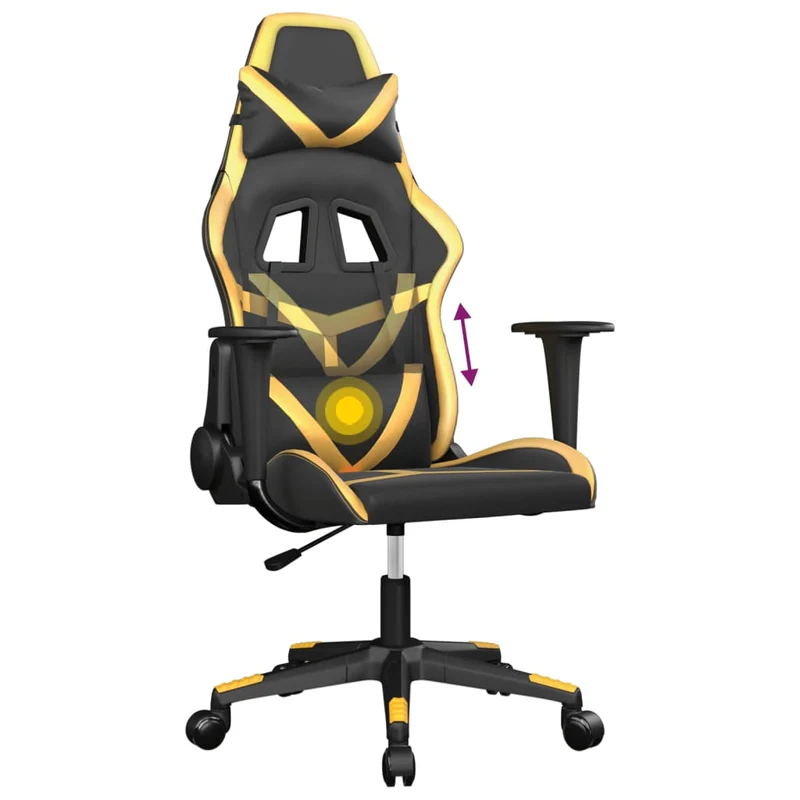 Fauteuil de bureau chaise gaming sur roulettes avec coussin lombaire en PVC noir et doré DEC025905