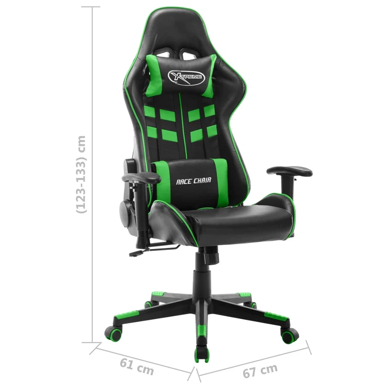 Fauteuil de bureau chaise gaming sur roulettes accoudoirs en PVC vert et noir DEC026012