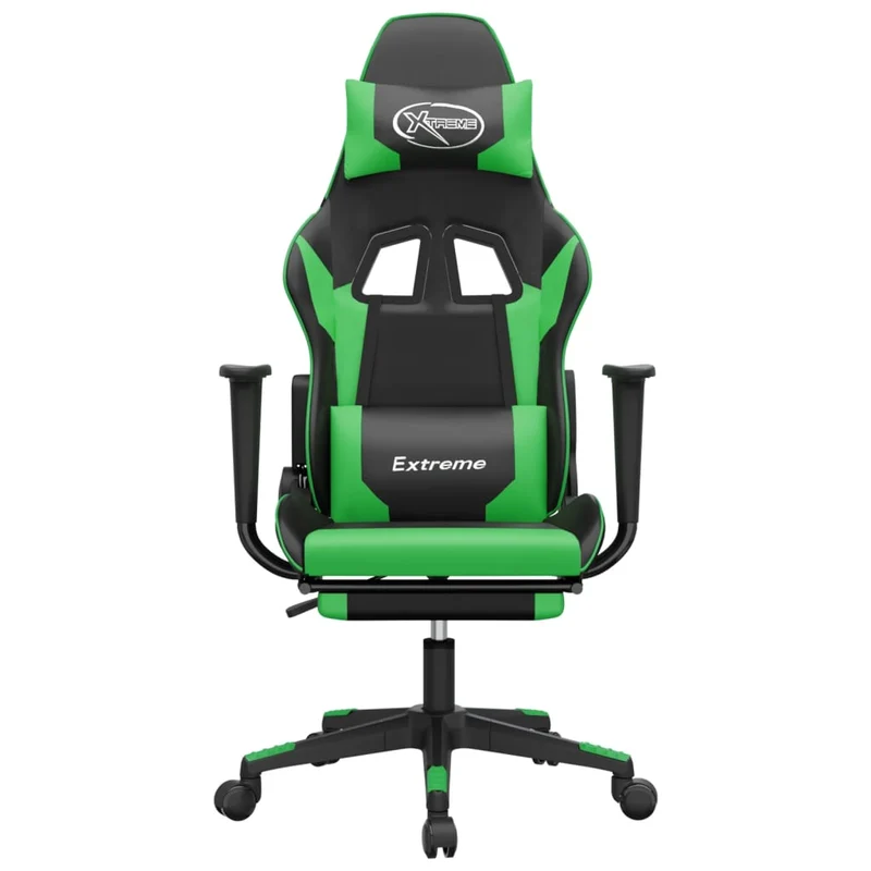 Fauteuil de bureau chaise gaming sur roulettes avec repose-pieds en PVC noir et vert DEC025803