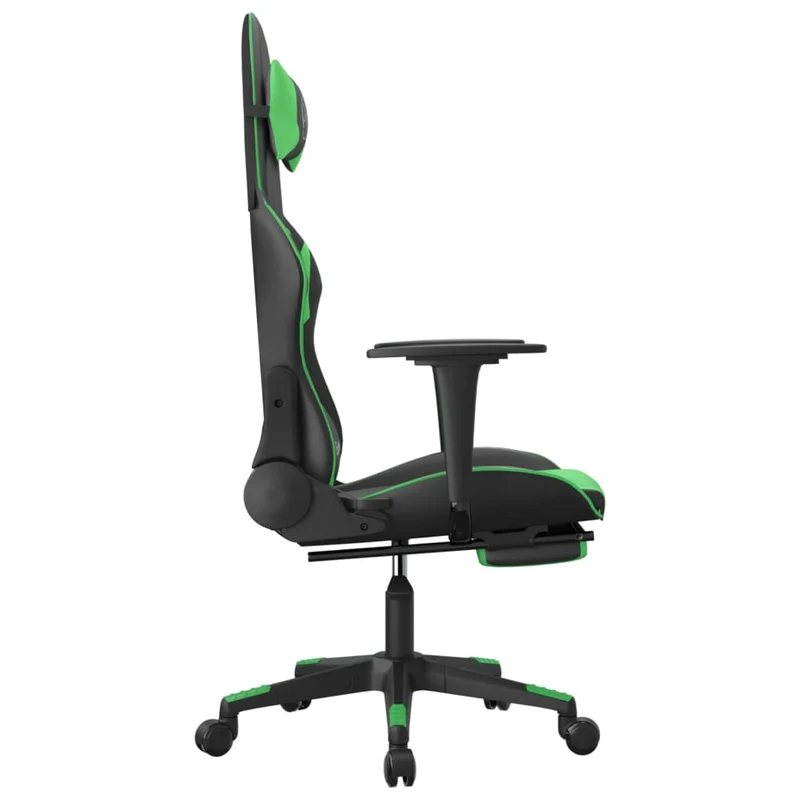 Fauteuil de bureau chaise gaming sur roulettes avec repose-pieds en PVC noir et vert DEC025803