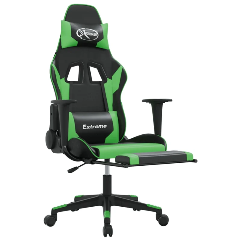 Fauteuil de bureau chaise gaming sur roulettes avec repose-pieds en PVC noir et vert DEC025803