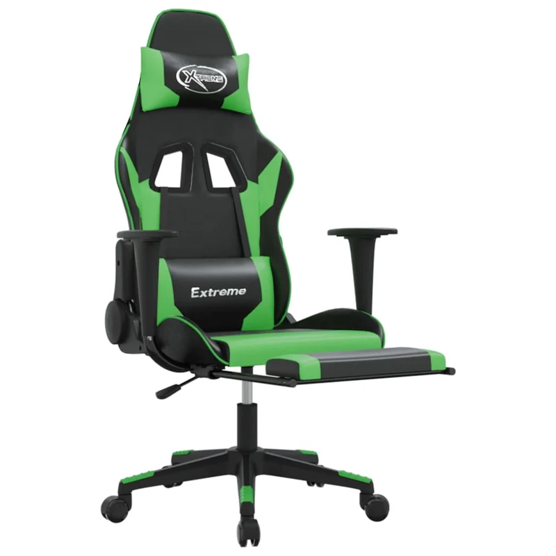 Fauteuil de bureau chaise gaming fonction de massage avec coussin lombaire et repose-pieds en PVC noir et vert DEC025882