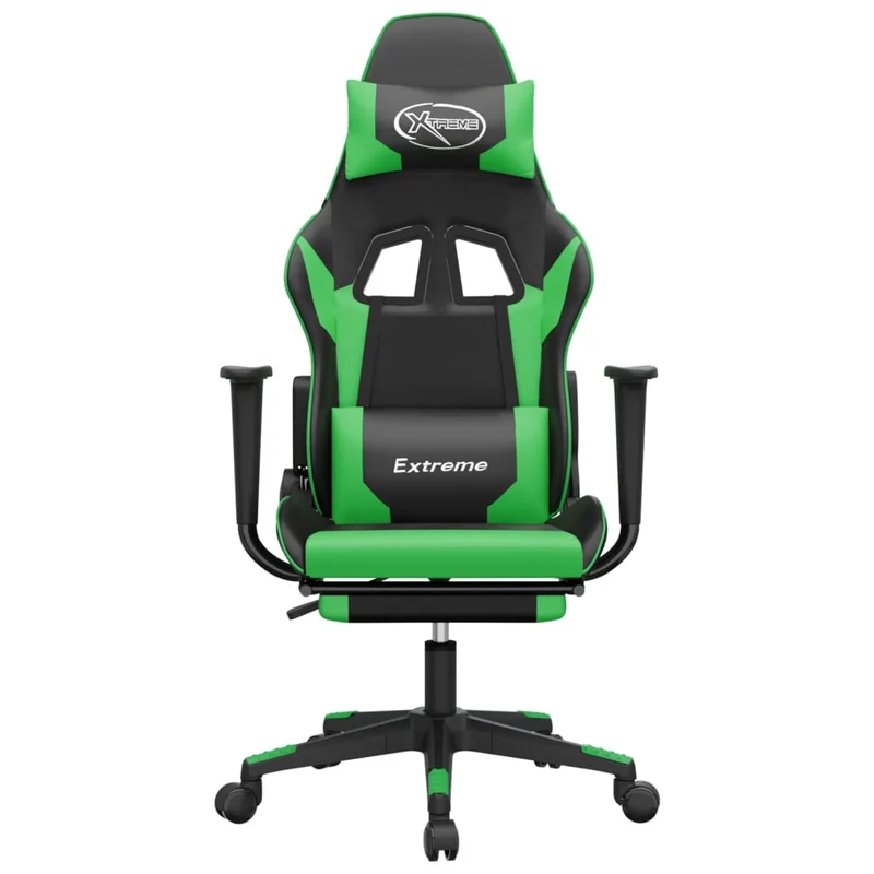Fauteuil de bureau chaise gaming fonction de massage avec coussin lombaire et repose-pieds en PVC noir et vert DEC025882