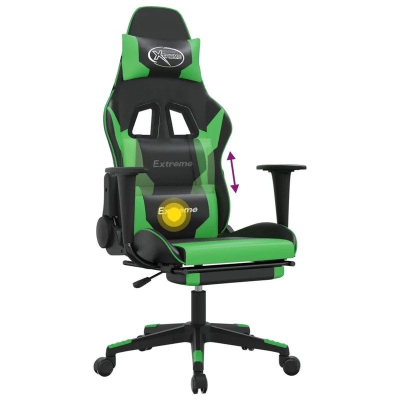 Fauteuil de bureau chaise gaming fonction de massage avec coussin lombaire et repose-pieds en PVC noir et vert DEC025882