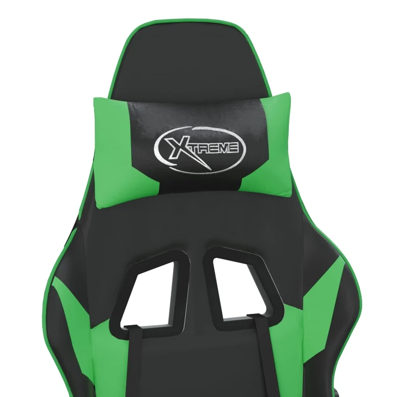 Fauteuil de bureau chaise gaming fonction de massage avec coussin lombaire et repose-pieds en PVC noir et vert DEC025882