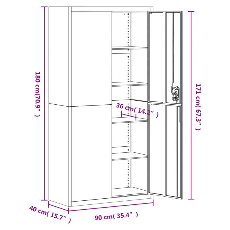 Caissons à tiroirs meuble de bureau étagères réglables portes verrouillables 90 x 40 x 180 cm acier gris DEC024540