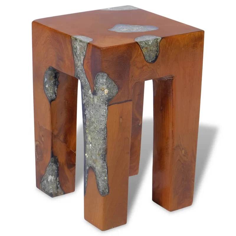 Tabouret assise support plantes 30x30x40 cm bois de teck massif et résine multicolore DEC026339