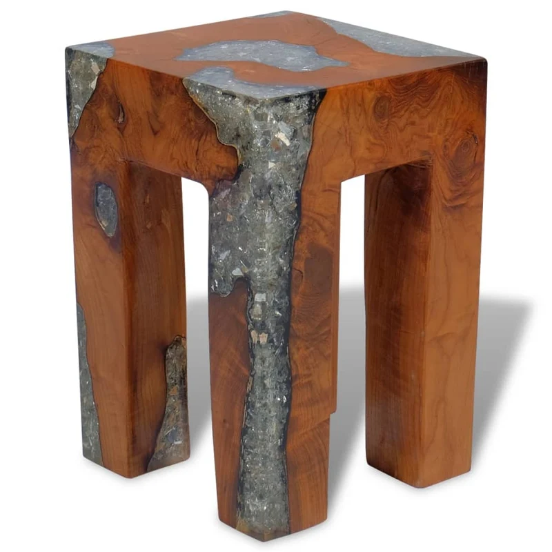 Tabouret assise support plantes 30x30x40 cm bois de teck massif et résine multicolore DEC026339