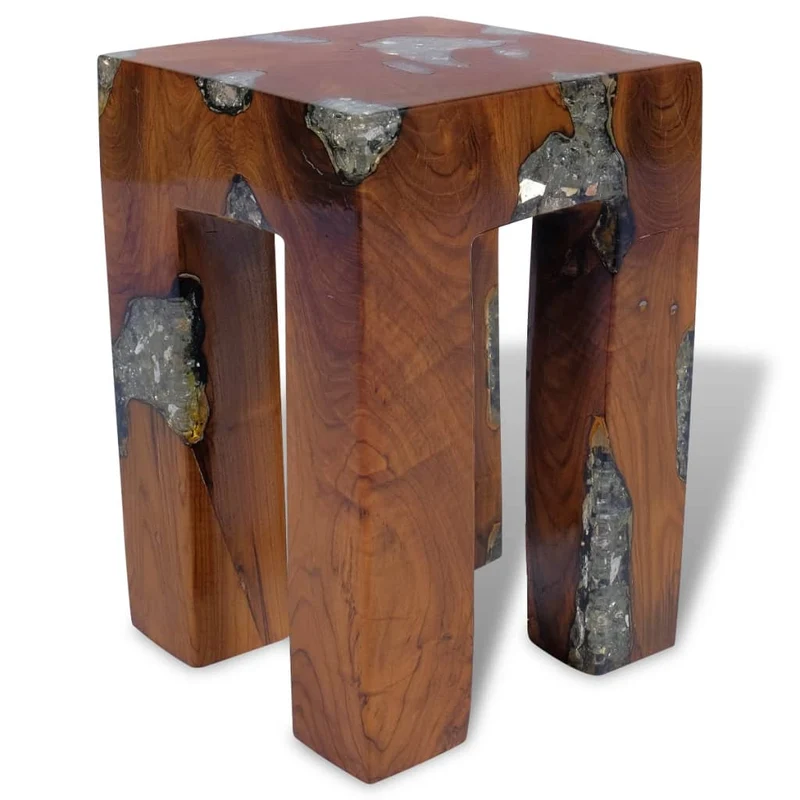 Tabouret assise support plantes 30x30x40 cm bois de teck massif et résine multicolore DEC026339