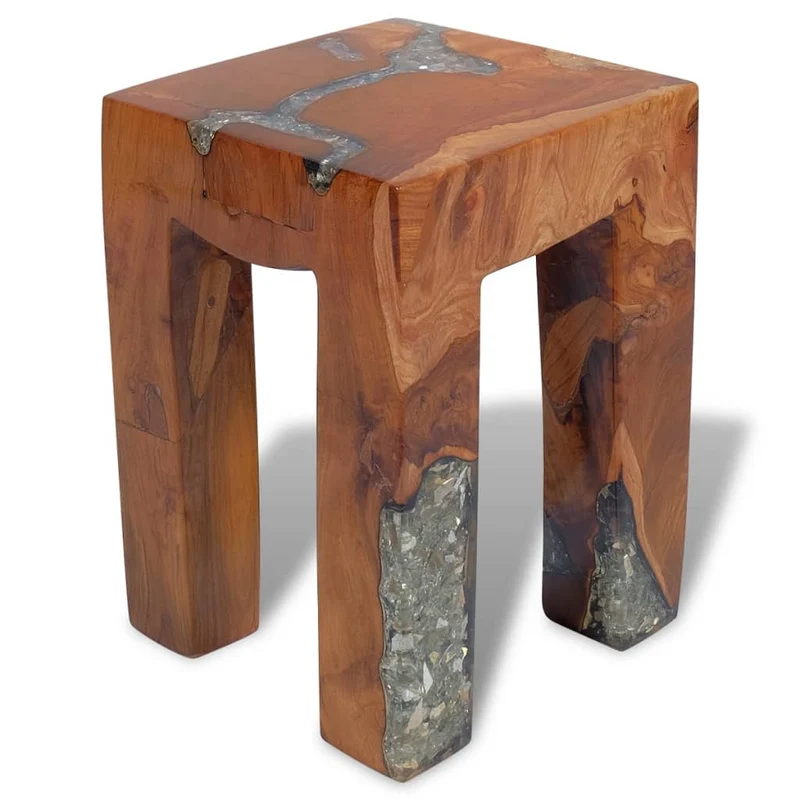 Tabouret assise support plantes 30x30x40 cm bois de teck massif et résine multicolore DEC026339