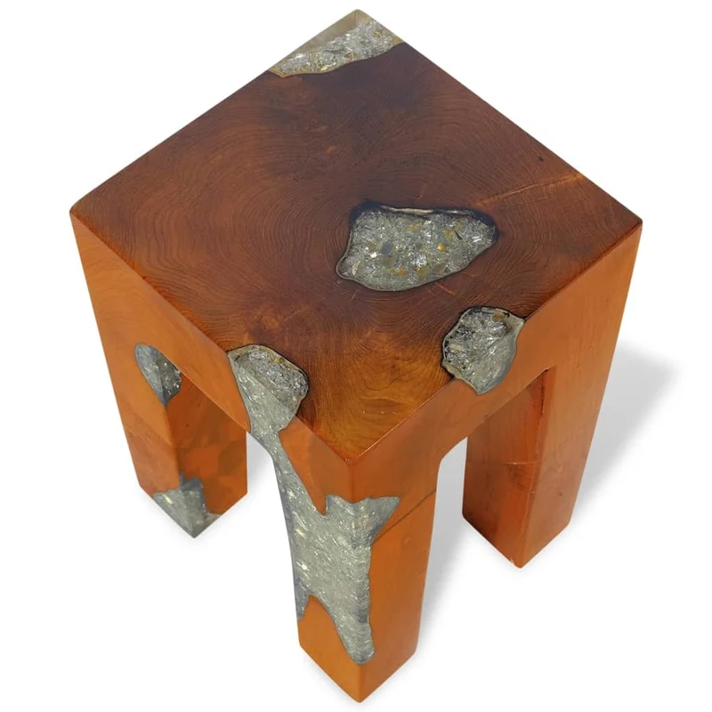 Tabouret assise support plantes 30x30x40 cm bois de teck massif et résine multicolore DEC026339