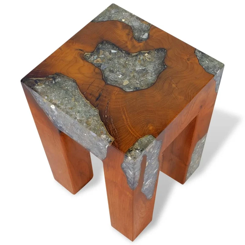 Tabouret assise support plantes 30x30x40 cm bois de teck massif et résine multicolore DEC026339