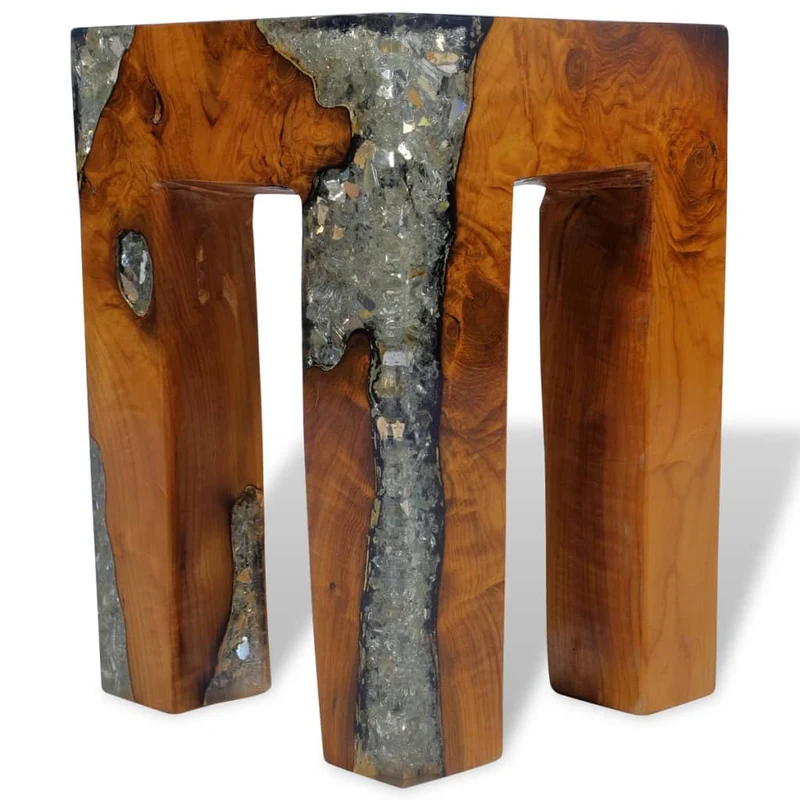 Tabouret assise support plantes 30x30x40 cm bois de teck massif et résine multicolore DEC026339