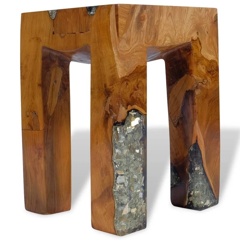 Tabouret assise support plantes 30x30x40 cm bois de teck massif et résine multicolore DEC026339